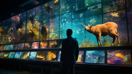 Capture an artistic fusion of nature and technology, with a trader observing price charts while surrounded by digital projections of wildlife Generative AI