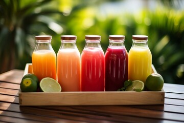 Summer Sips Freshly Squeezed Juice Bottles with Vibrant Vibes. Generative Ai