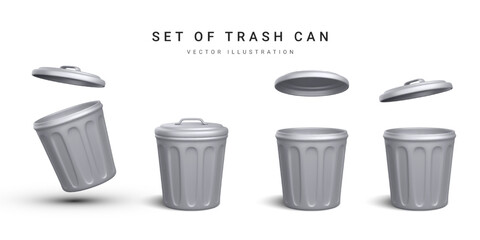 Set of 3d realistic silver trash can on white background. Vector illustration - obrazy, fototapety, plakaty