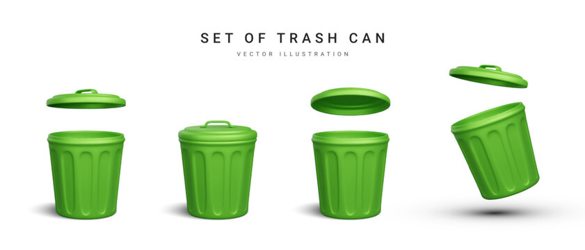 Set of 3d realistic green trash can on white background. Vector illustration