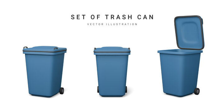Set of 3d realistic blue trash cans isolated on white background. Vector illustration