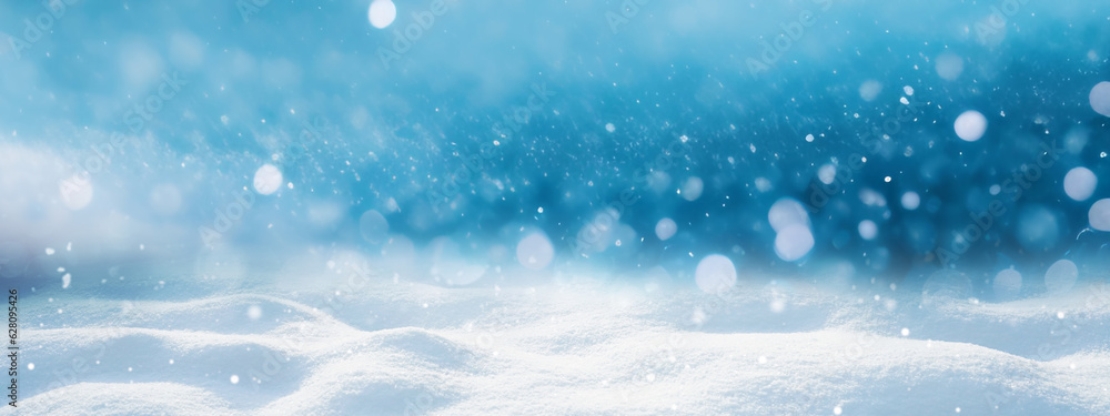 Poster beautiful ultrawide background image of light snowfall falling over of snowdrifts.