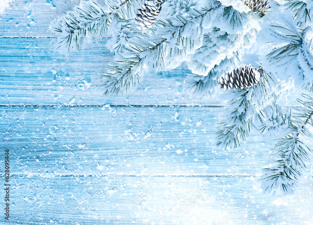 Poster Original creative background image of a wooden surface and spruce branches with space for text.