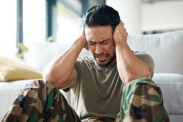 Soldier, man and stress, headache or PTSD of military trauma, remember pain and fear or scared on...
