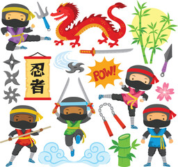 Ninja clipart set with cute ninja kids in different poses, and relevant icons of martial art, Japan and China.