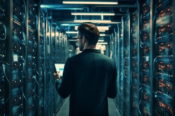 a man with a tablet checks the server room. Concept network, artificial intelligence, . generative ai. - obrazy, fototapety, plakaty