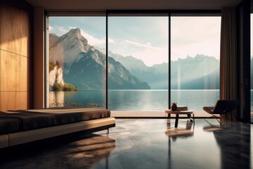 Illustration of a bedroom overlooking a serene mountain lake, created using generative AI