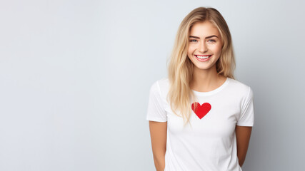 Fototapeta premium Smiling woman wearing t-shirt with drawn heart isolated on white background. AI Generated.