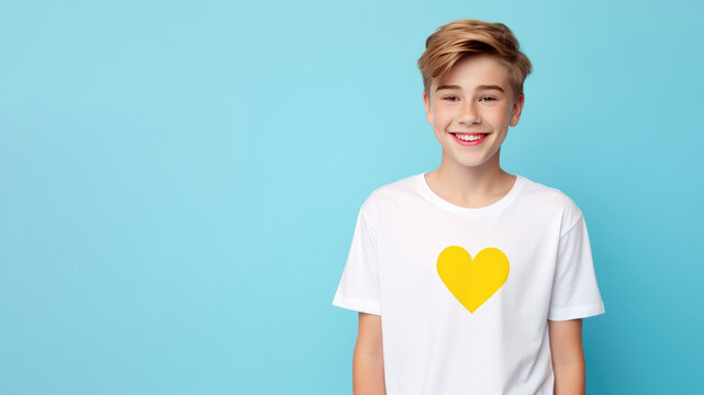 Smiling boy wearing t-shirt with drawn heart isolated on blue background. AI Generated.