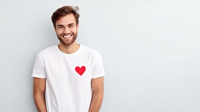 Smiling man wearing t-shirt with drawn heart isolated on white background. AI Generated.