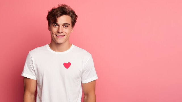 Smiling man wearing t-shirt with drawn heart isolated on pink background. AI Generated.