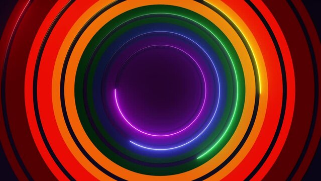 3d animation, abstract colorful circles motion background with rainbow color neon glowing lines. Seamless loop
