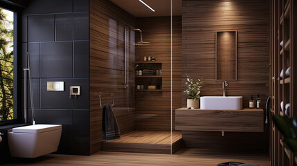 Fototapeta premium Cuarto de baño lujoso y moderno en tonos madera calidos y blancos. ilustracion de ia generativa