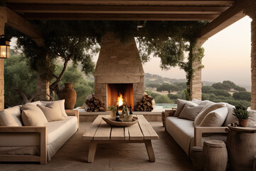 jardin de una villa  mediterranea lujoso y moderno en tonos madera calidos y blancos con sofas claros y chimenea encendida