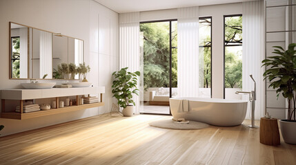 Cuarto de baño lujoso y moderno en tonos madera calidos y blancos. ilustracion de ia generativa