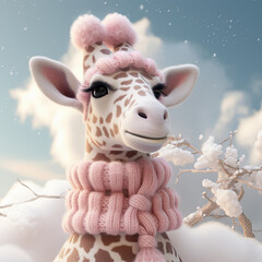 linda jirafa de dibujos con bufanda y gorro de lana rosa, con fondo de azul cielo y nieve.....