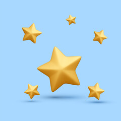 3d realistic golden stars isolated on blue background. Vector illustration