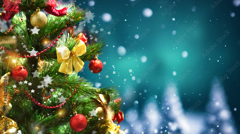 Poster decorated christmas tree close-up against the backdrop of a winter forest with falling snow flakes. 
