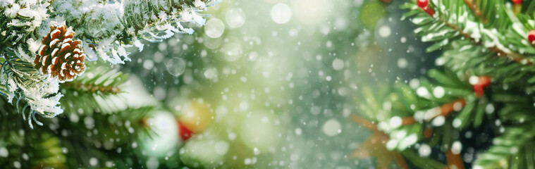 Winter panoramic background with snow-covered fir branches and snowfall flakes. Christmas banner.