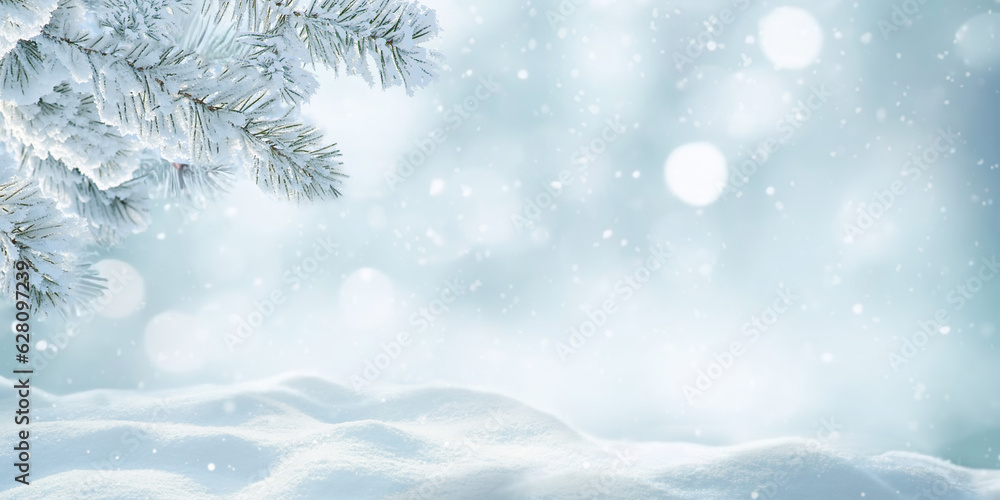 Poster Beautiful winter background image of frosted spruce branches and small drifts of pure snow with bokeh Christmas lights and space for text.