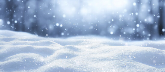 Winter snow background with snowdrifts, with beautiful light and snow flakes on the blue sky in the evening, banner format, copy space. - 628097268