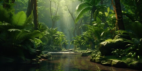 AI Generated. AI Generative. Wild tropical jungle forest park tree landscape. Adventure travel risky explore trip background landscape. Green plant botanical vibe