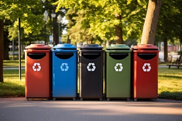 Color-coded recycle bins placed in a public park, advocating for the proper segregation of waste and community participation in recycling