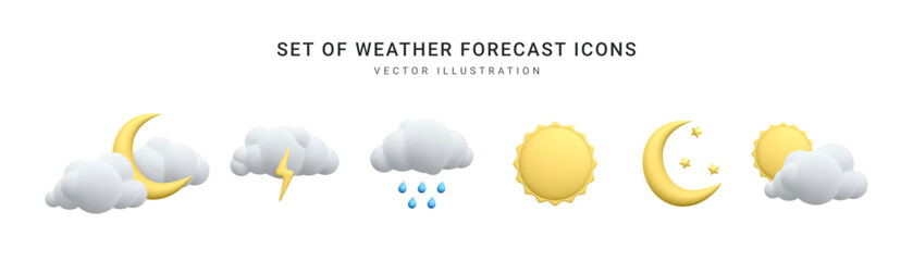 Set of 3d realistic forecast weather icons isolated on white background. Sun, moon, star, lightning, cloud, rain drops in cartoon style. Vector illustration - obrazy, fototapety, plakaty