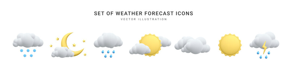 Set of 3d realistic forecast weather icons isolated on white background. Sun, moon, star, lightning, cloud, rain drops, snowflakes in cartoon style. Vector illustration - obrazy, fototapety, plakaty