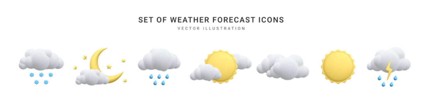 Set of 3d realistic forecast weather icons isolated on white background. Sun, moon, star, lightning, cloud, rain drops, snowflakes in cartoon style. Vector illustration