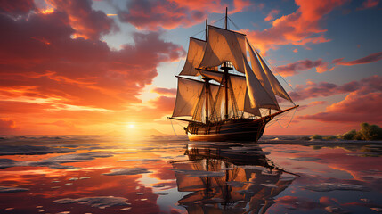 Fototapeta premium Summer sunset sailing ship scenery cloudy sky desktop wallpaper ai generated