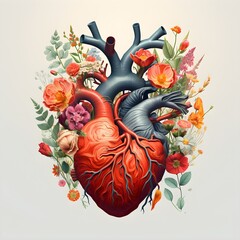 Illustration of a biological heart surrounded by flowers, in the style of photorealistic compositions, colorful palette, dynamic anatomy created with Generative AI technology   