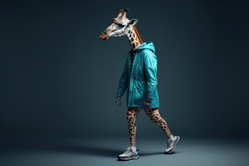 A tall giraffe walking gracefully in a blue jacket, showcasing its unique sense of style. AI Generative