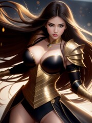 a woman in a golden armored outfit with long hair, fighting pose animated character. Fantasy art, gaming