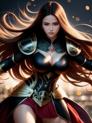 a woman in a golden armored outfit with long hair, fighting pose animated character. Fantasy art, gaming