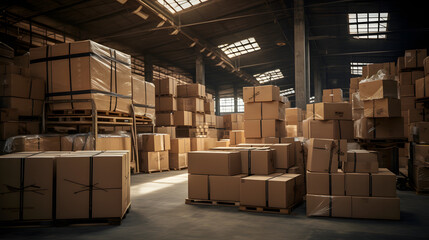Ein Lagerhaus voll mit Ware in Kartons Paketen