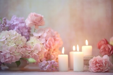 Illustration of a vase filled with pink and white flowers next to three lit candles, created using generative AI