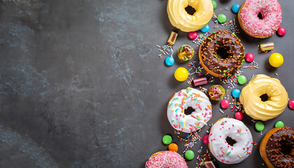 Colorful donuts and candies on stone table. Top view with copy space