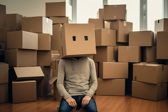 moving home, man with cardboard box on his head. High quality photo