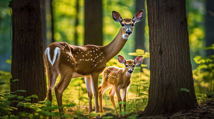Tender Moments, A Mother Deer and Fawn in the Forest. Generative AI