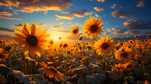 Sunflower field close up sunset desktop wallpaper ai generated