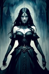 a woman in a black dress with a white collar and a black cape and a full moon in the background. Fantasy gothic art. 