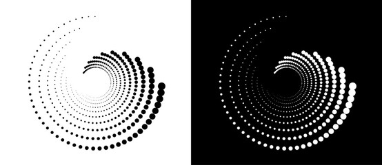Circle abstract background  with dynamic halftone dots in spiral. Black shape on a white background and the same white shape on the black side.