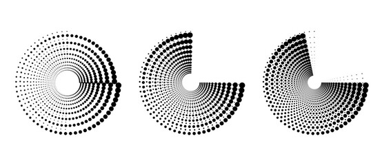 Set of circles as abstract background  with dynamic halftone dots. Black shapes on a white background.