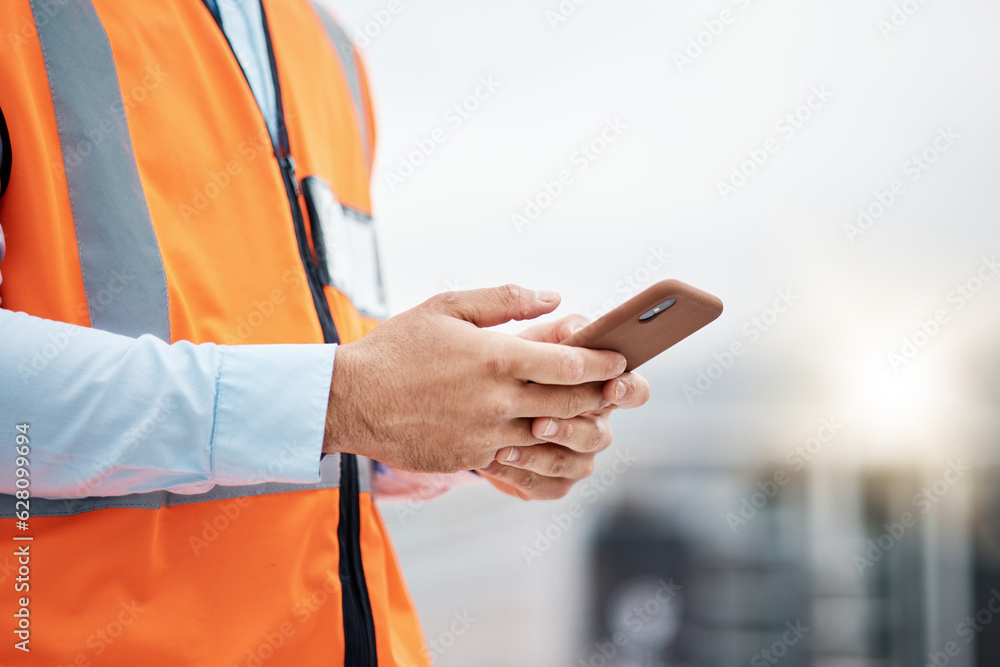 Poster Phone, architecture and hands of man in city for engineering, construction site and communication. Building, social media and mobile app with closeup of contractor for contact, networking and mockup