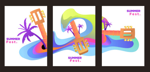 sea waves nad guitar with coconut tropical island for summer music poster set. abstract style painting vector illustration