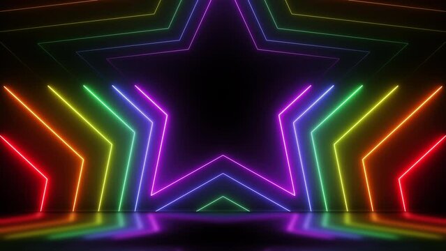 3d animation, abstract colorful stars motion background with rainbow color neon glowing lines and reflection floor. Seamless loop