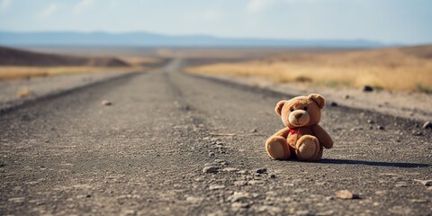 Obraz premium AI Generated. AI Generative. Lonely broken lost bear animal toy game on the road. Sad vibe background. Graphic Art