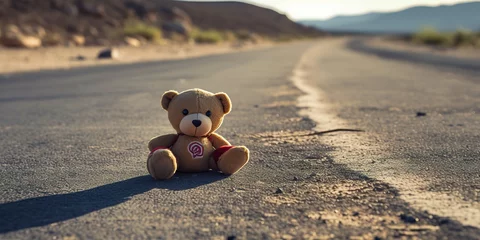 Tuinposter AI Generated. AI Generative. Lonely broken lost bear animal toy game on the road. Sad vibe background. Desert nature outdoor landscape © Graphic Warrior
