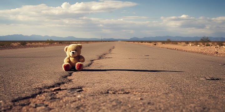 AI Generated. AI Generative. Lonely broken lost bear animal toy game on the road. Sad vibe background. Graphic Art